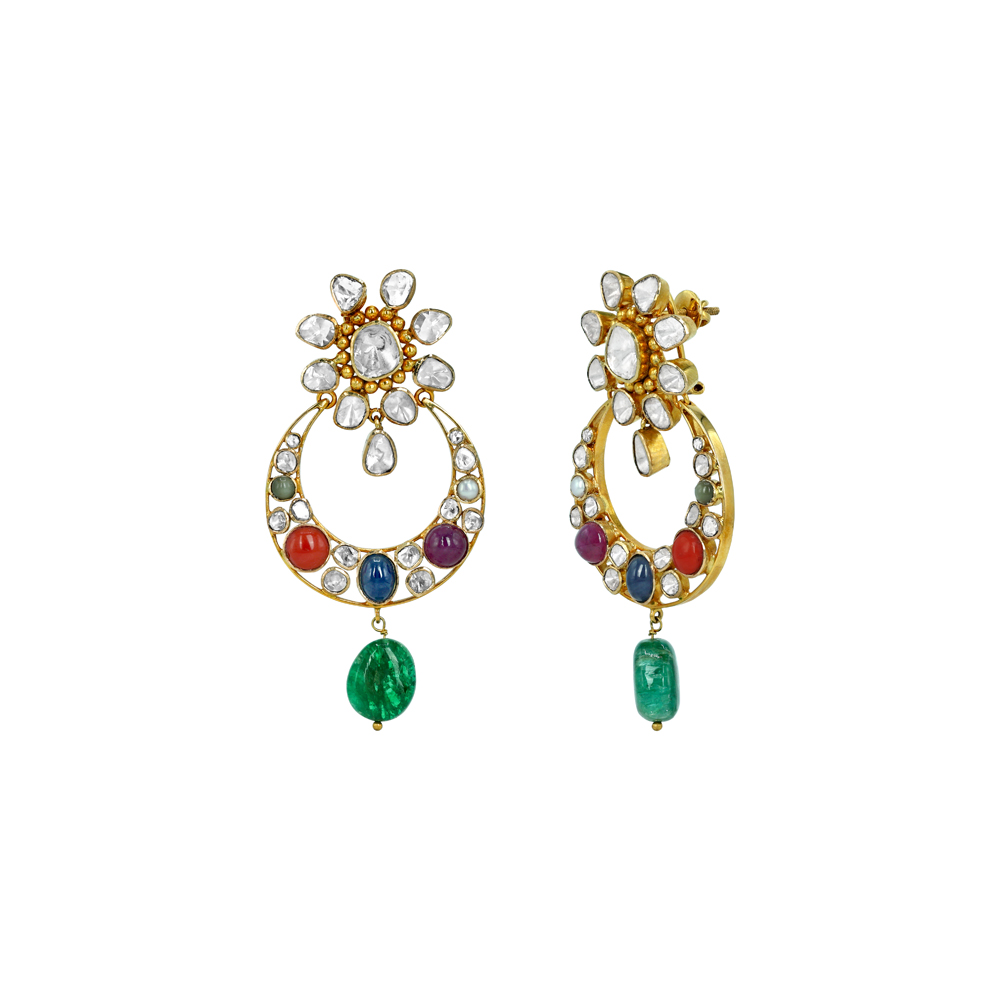 Navaratan Chandbali Earrings with Polkis and Emerald Drops